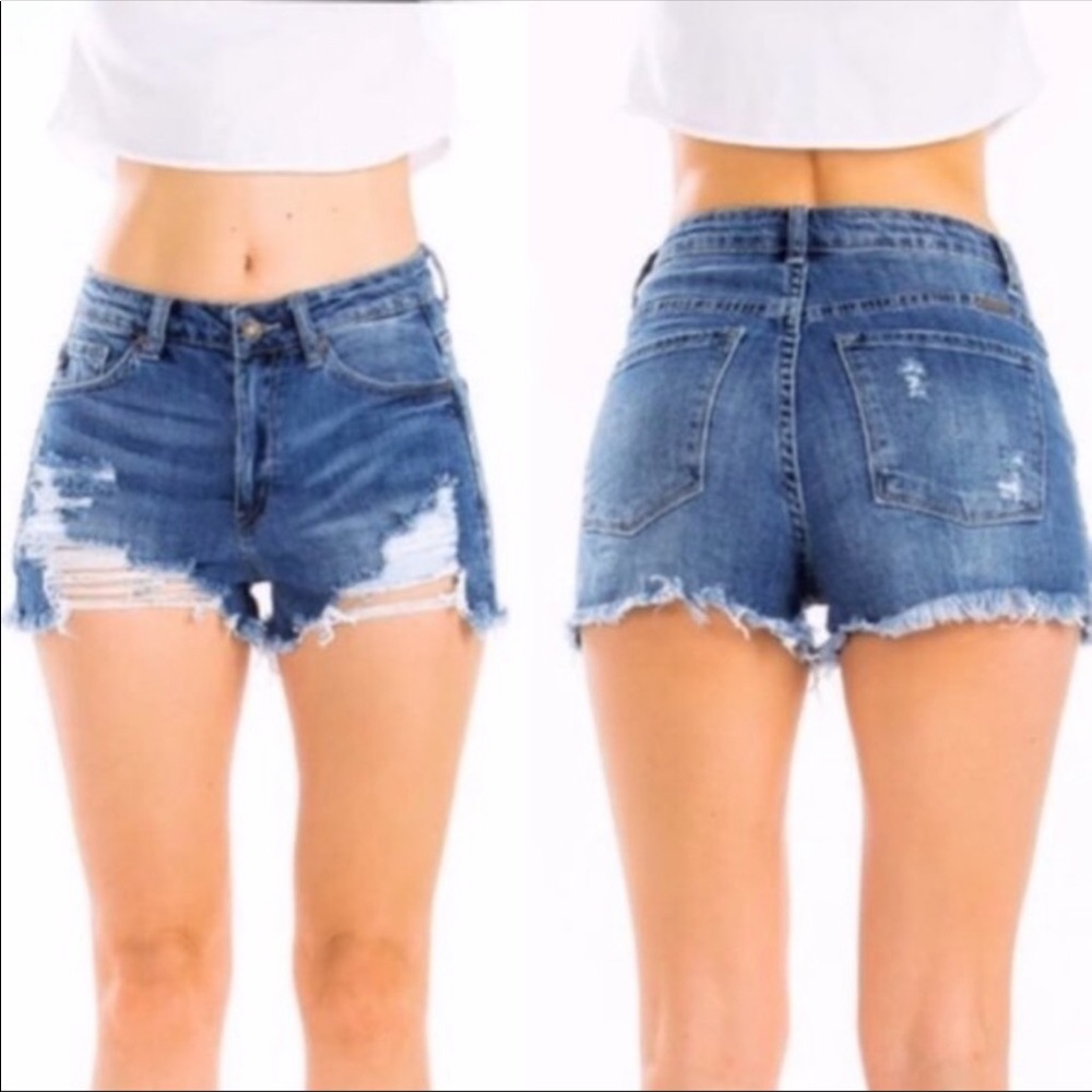 KanCan Dark Wash Distressed Denim Cut Off Jean Shorts - Picture 5 of 7